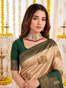 Elegante Saree de Seda Beige Verde con Estampado Tradicional, Largo hasta el Suelo, Protección Solar, para Bodas, para Mujeres, India, Pakistán, Moda AARA - Product Image 3