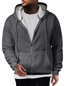 Men's Grey Hooded Zip-Up Sweatshirt Regular Fit Solid Color Cotton French Terry Casual Winter 350 Gsm French Terry Solid Hoodies - Product Image 4
