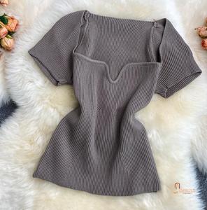 Blouses en tricot décontractées pour femmes, style été, mi-longues, à nœud simple, manches courtes, col carré, couleur unie, hauts de fête - Product Image 2
