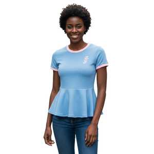 Camiseta JJ Peplum Ringer para Mujer, Manga Corta, Ribete en Contraste, Dobladillo Acampanado, Estilo Casual Griego, Camisa de Algodón - Product Image 1