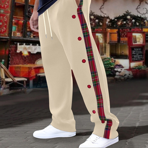 New Fashion Comfortable Vintage Side Button Striped Patchwork Pants <b>Mens</b> Trendy Drawstring Loose Straight Trousers <b>Men</b> Pants - Product Image 6
