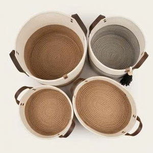 Paniers de rangement en corde nordique avec poignées, forme ronde, panier multi-usages pour l'organisation, blanc, marron, gris, design à pompons - Product Image 3