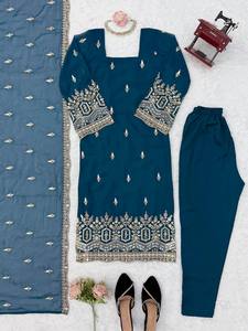 Women's Traditional <b>Indian</b> Pakistani Ankle-Length <b>Kurta</b> Set With Embroidered Dupatta And Pants Regular Fit Casual Wear - Product Image 6