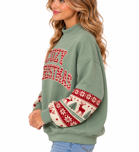Sweat-shirt à col montant personnalisé pour femme, orné de cristaux et d'appliques de Noël, coupe oversize, manches longues, haut d'hiver - Product Image 2