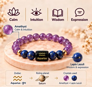 Bracelet en améthyste naturelle et lapis-lazuli, signe du zodiaque Verseau, bracelet personnalisé en cristal astrologique pour homme et femme, cadeau - Product Image 1