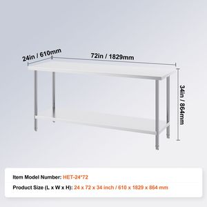 Tavolo da Lavoro in Acciaio Inox Resistente 24 X 72 X 34 Pollici, Capacità di Carico 880 Libbre, con 3 Livelli di Altezza Regolabili e Lavello - Product Image 2