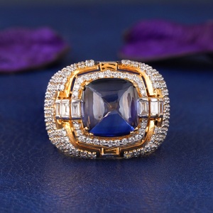Art Deco Luxury Blue Sapphire 14K Yellow Gold Lab Grown Diamond Side Stones EF Clarity <b>CZ</b> Statement <b>Ring</b> for Women - Product Image 3