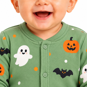 Combinaison pour bébé vert sauge Halloween, imprimé fantôme, citrouille, chauve-souris, manches longues, boutons sur le devant, vêtements de nuit une pièce pour nourrissons et tout-petits, unisexe - Product Image 2