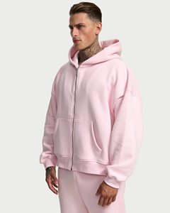 Sudadera con capucha rosa extragrande para hombre, con cremallera, de algodón grueso, de alta calidad, estilo casual y urbano. - Product Image 5