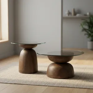 Modern Round <b>Side</b> <b>Table</b> With <b>Glass</b> Top And Wooden Base Handmade Living Room Furniture - Product Image 3
