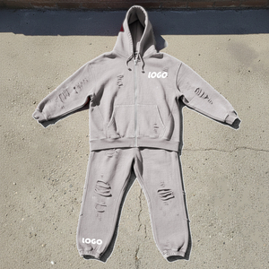 Conjunto de Sudadera con Capucha y Pantalones Deportivos de Fabricantes de Ropa, Estilo Streetwear Personalizado, con Parches, Efecto Desgastado, Remaches y Cremallera - Product Image 2