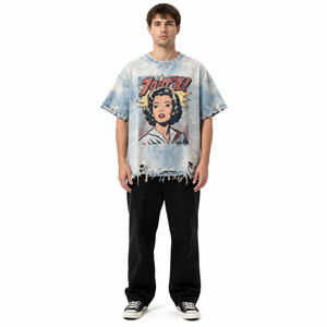 T-shirt en coton tricoté vintage pour homme avec logo personnalisé, ourlet brut, style streetwear, coupe oversize, grammage lourd, haute qualité, motif graphique - Product Image 2