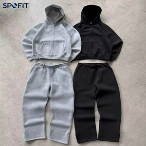 ชุดเซ็ตสตรีทแวร์สปอร์ตแวร์สีพื้นแบบยูนิเซ็กซ์ เสื้อฮู้ดซิปและกางเกงเอวยางยืด ผ้าฝ้าย 100% รับสกรีนโลโก้ - Product Image 1