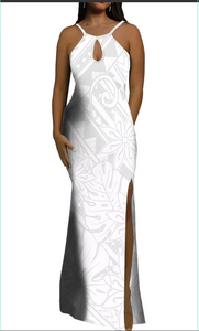 Vestido de Noche Rojo sin Mangas Personalizado de Alta Calidad con Diseño Tribal Samoano Polinesio de Gota de Agua, Vestido Maxi Ajustado con Abertura - Product Image 4