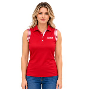 Polo d'équitation sans manches rouge pour femme, coupe ajustée, col à patch, haut d'entraînement équestre, personnalisable, vente en gros, performance - Product Image 1