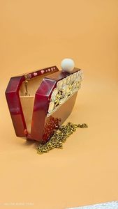 Elegant Evening Clutch Purse, Resin with Crystal and Pearl Embellishments, Gold <b>Flower</b> Clasp - Product Image 2