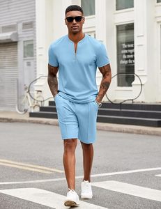 Conjunto de Shorts Casuales de Verano para Hombre, Color Azul Claro, Tejido de Punto, Secado Rápido, Color Sólido, Dos Piezas - Product Image 2