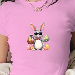 Women's Fashion Y2K Slim Fit Short <b>T</b>-<b>Shirt</b> Animated Rabbit with <b>Easter</b> Eggs Print on Knitted Fabric - Product Image 3