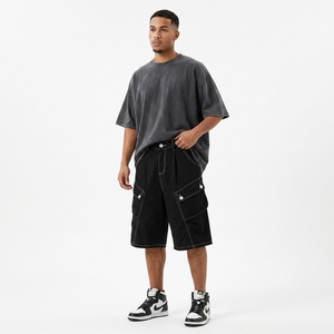 Shorts en jean baggy pour hommes et femmes, vente en gros, été, délavés, style Hip Hop Streetwear, taille mi-haute, ourlet brut, décontractés, utilitaires, style workwear, grandes poches - Product Image 4
