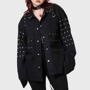 แจ็คเก็ตเดนิมสีดำทรงโอเวอร์ไซส์ สไตล์โกธิค สตีมพังก์ ประดับหมุดสีเงิน ห่วงรูปตัว D ตาไก่  แฟชั่นสตรีทแวร์ ทำมือ ใส่ได้ทั้งชายและหญิง - Product Image 6