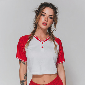 Maillot court de baseball noir à rayures pour femme, col en V, manches courtes, style sport - Product Image 2