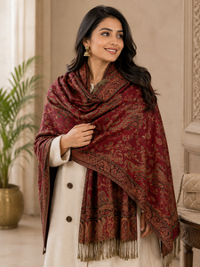 Women's Long Cashmere <b>Shawl</b> Maroon Winter <b>Wrap</b> Scarf with Fringe Edge - Product Image 2