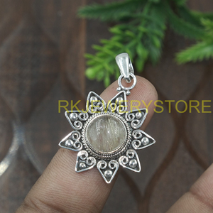 Colgante de Cuarzo Rutilado Dorado en Plata de Ley 925, Diseño Boho de Flor de Sol Hecho a Mano, Joyería con Piedras Preciosas, Regalo para Mujer, Regalo de Aniversario - Product Image 4