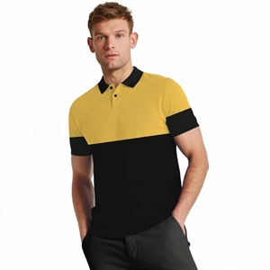 Polo tricoté personnalisé de haute qualité pour homme, à blocs de couleur, manches courtes, décontracté, design uni, noir et jaune, faible MOQ OEM - Product Image 1
