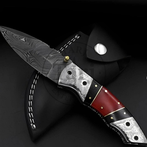 Couteau pliant EDC Premium Damas pour le camping en extérieur, couteau de poche personnalisé haut de gamme avec manche en bois et corne, lame Drop Point - Product Image 1