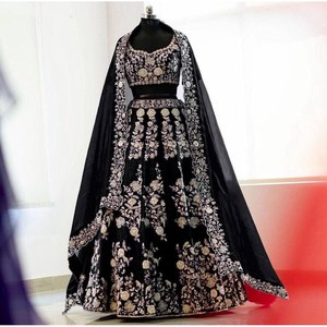 LEHENGA CHOLI EN SOIE BRODÉE DE DESIGNER AVEC DUPATTA NOIR - Product Image 1