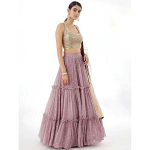 Robe de soirée en georgette rose poudré, style lehenga choli, avec broderies Zari - Product Image 4