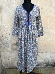Vestido maxi 100% algodón estampado a mano con cuello en V, manga larga, estampado floral, estilo casual indio, vestido largo para mujer. - Product Image 5