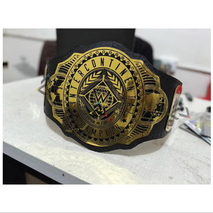 Custom W-W-E INTERCONTINENTAL World Championship Title Fan Belt Brass 4mm Adult Size - Gold Plated Metal Plates & Leather Strap - Product Image 1