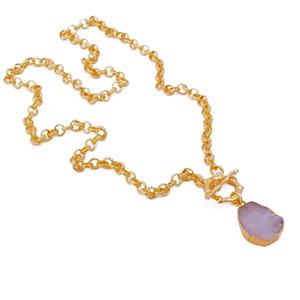 สร้อยคอจี้หินมูนสโตนสีรุ้งธรรมชาติ หินประจำเดือนมิถุนายน รูปทรงอิสระ ชุบทองบนสแตนเลส ทำมือ ทันสมัย - Product Image 3