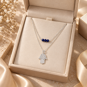 Collar de Lapislázuli con Colgante Hamsa de Dos Niveles – Joyería de Plata de Ley 925 con Colgante Mano de Fátima - Product Image 6