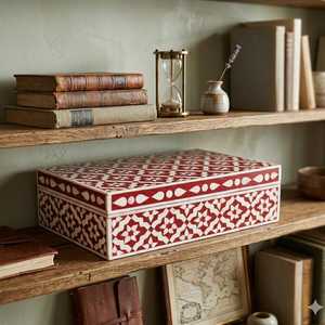 Boîte à bijoux décorative géométrique en os incrusté rouge et blanc, faite à la main, pour la décoration de la maison - Product Image 1