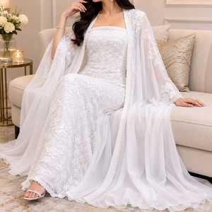 Robe de mariée longue blanche brodée avec cape transparente, élégante, en dentelle de créateur, respirante, de soirée, haut de gamme, modeste - Product Image 2