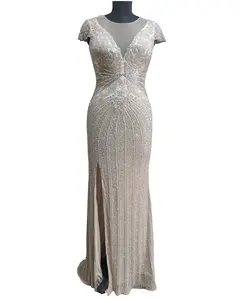 Royalty charming very heavily beaded super classic silver nude hand embroidered long luxurious party evening dress