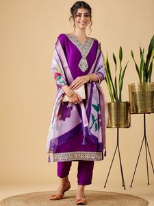 Women's Premium Purple Chinon Viscose Embroidery Kurti with Chinon Pant And jacquard print <b>Blend</b> Dupatta Sets - Product Image 3