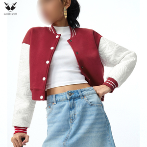 Veste universitaire pour femme, style le plus récent, rouge et blanc contrastés, manches longues, col rabattu, longueur courte, pour l'automne - Product Image 4