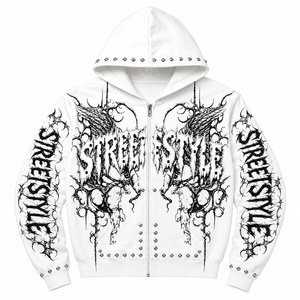 Sweat-shirt à capuche zippé blanc personnalisé avec motif graphique, manches longues, style streetwear, mode décontractée unisexe, confort optimal. - Product Image 1