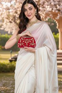 Ensemble de sari Anarkali en satin Moti ivoire, tissé uni, ample, pour femmes, tenue ethnique, tenue de fête de mariage - Product Image 4