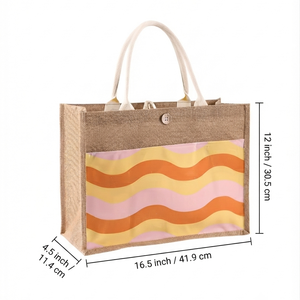 Sac fourre-tout réutilisable en toile de jute, imprimé vagues colorées, fermeture à bouton, cordon en ruban, pour le shopping, la plage, les courses, usage quotidien, femme, unisexe - Product Image 3