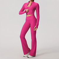 Ensemble de yoga respirant et à séchage rapide, grande taille, 2 pièces, en Spandex/Polyester haute élasticité, avec soutien-gorge de sport et pantalon évasé taille haute