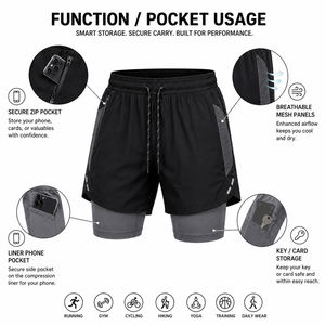 Short de course pour homme 2026 noir en maille respirante et écologique avec poche zippée, doublure de compression, séchage rapide et imperméable - Product Image 3