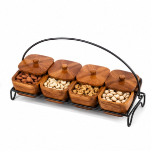 Ensemble de bols à dattes de luxe en acier inoxydable avec couvercle en bois et plateau de service, boîte à fruits secs et noix en métal pour la décoration du Ramadan, vente en gros - Product Image 6