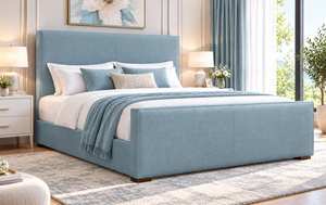 Modern Gray Upholstered <b>Platform</b> <b>Bed</b> Fabric Headboard <b>Wood</b> Legs Full Size Minimalist Luxury Design Bedroom Set 1 Year Warranty - Product Image 2