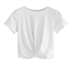 Camiseta Corta de Punto Blanca para Mujer, Cuello Redondo, Manga Corta, Diseño Cruzado en la Parte Delantera, Informal, para Primavera y Verano - Product Image 1