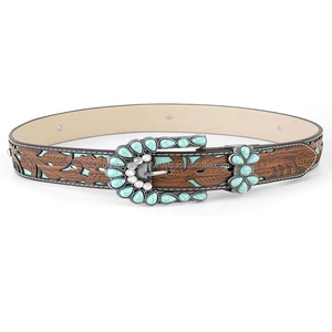 Customized Turquoise Hand Carving Full Grain Tan Brown Western Leather <b>Tooling</b> <b>Belt</b> for Men and Women with Beaded Buckle - Product Image 4