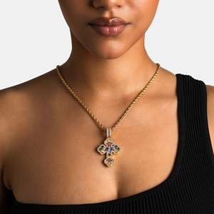 Luxury Colorful Gemstone Cross Pendant <b>Necklace</b> 18K Gold Plated Moissanite Religious Charm Rope Chain Unisex Jewelry - Product Image 2
